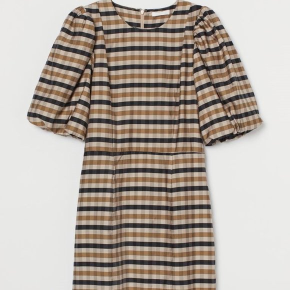 H&M Dresses & Skirts - NWT H&M Lyocell-blend dress Beige/Checkered Dress w bell Sleeves Size Medium